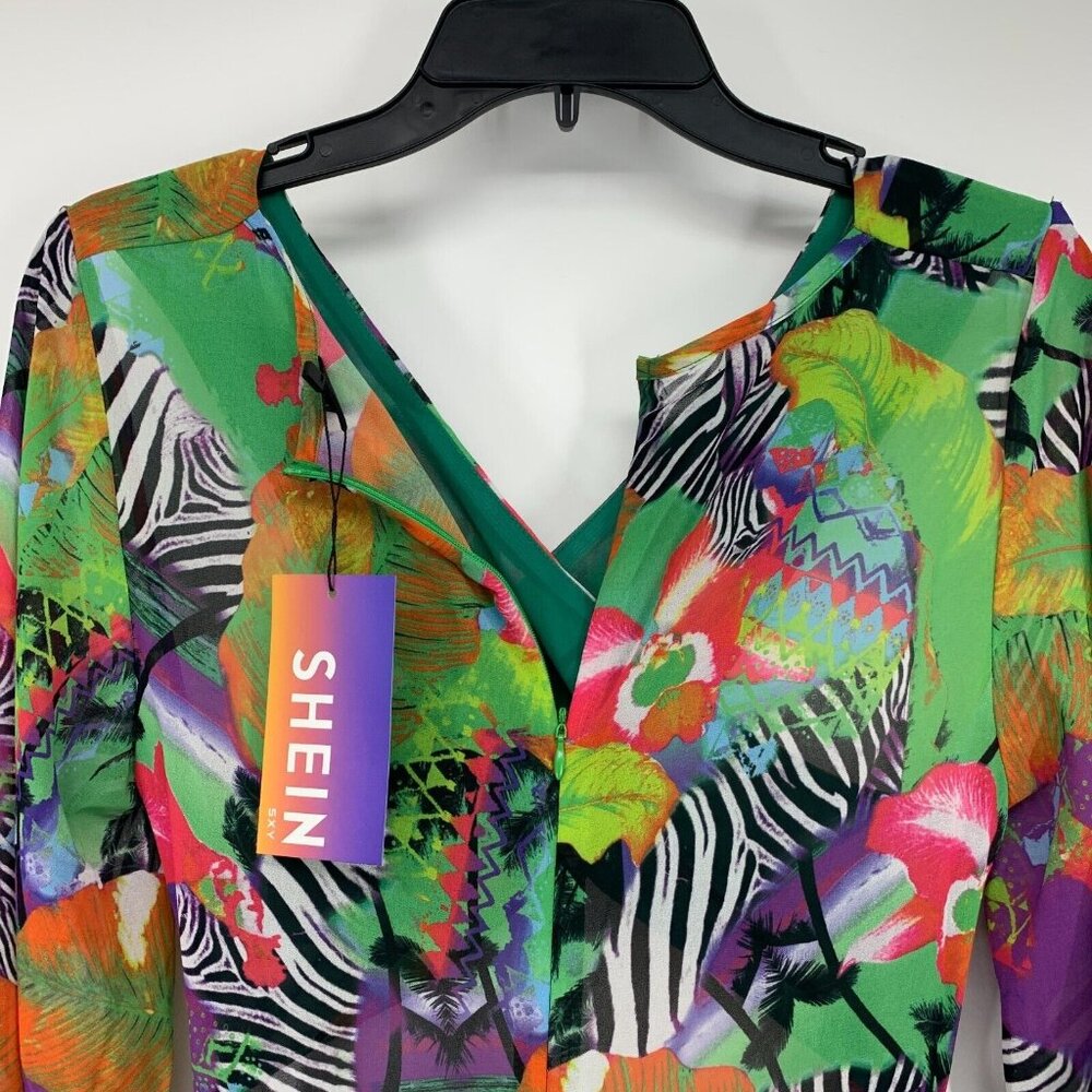 Shein Dress Maxi Hi Lo Cutout Green Tropical Print Long Sleeve NWT - Picture 15 of 16